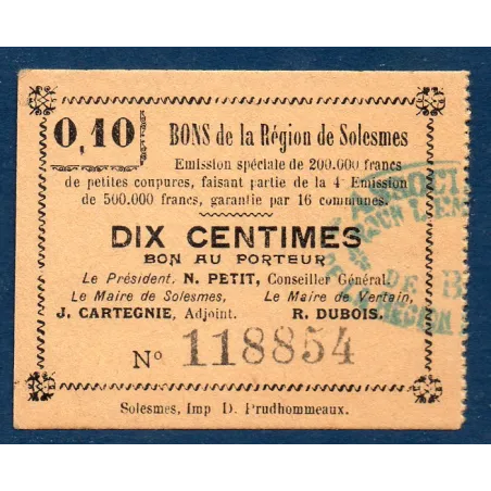 Bon ville Région Solesmes 10 centimes, Neuf, ND Pirot 59-2364 Billet
