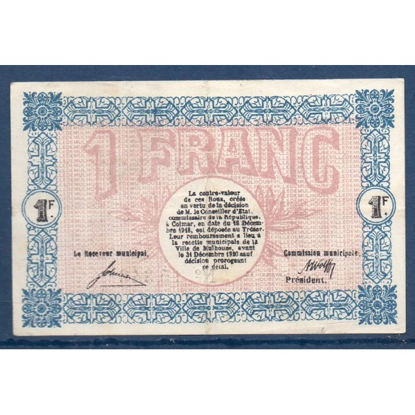 Bon ville Mulhouse 1 franc, TTB, 18.12.1918 Pirot 132.2 Billet
