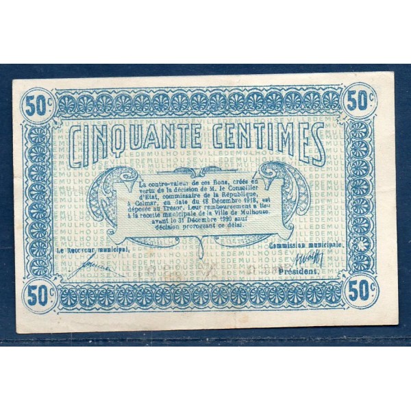 Bon ville Mulhouse 50 centimes, TTB, 18.12.1918 Pirot 132.1 Billet