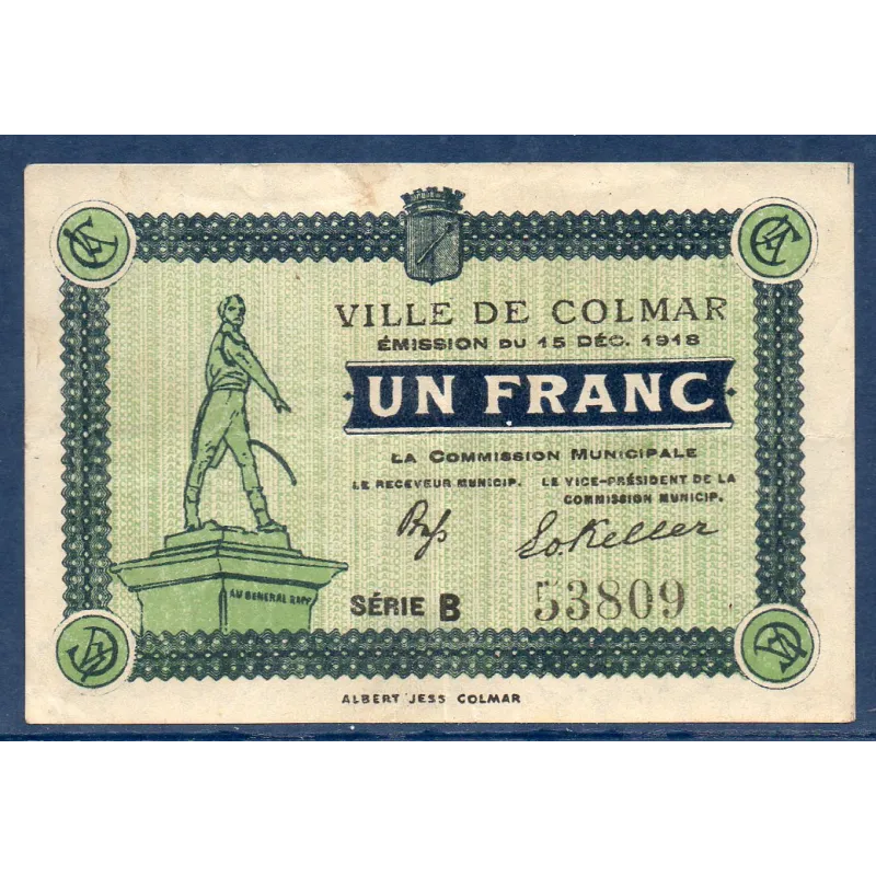 Bon ville Colmar 1 franc, TTB-, 15.12.1918 Pirot 68-87 Billet Bon ville Colmar 1 franc, TTB-, 15.12.1918 Pirot 68-87 Billet