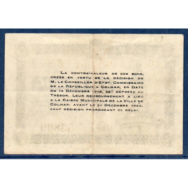 Bon ville Colmar 1 franc, TTB-, 15.12.1918 Pirot 68-87 Billet