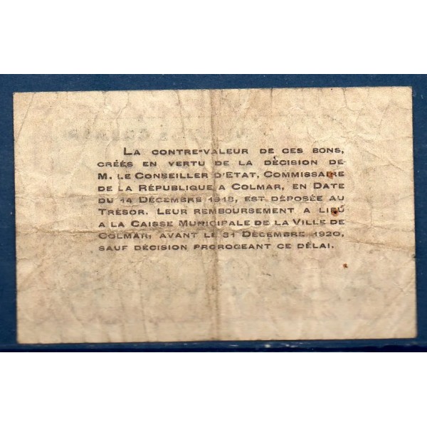 Bon ville Colmar 50 centimes, TB-, 15.12.1918 Pirot 68-84 Billet