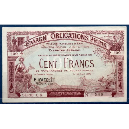 Clermont-Ferrand 100 francs, Sup-, 15.4.1928 Billet d'épargne obligation prime