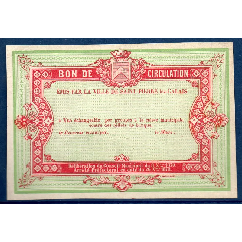 Bon de circulation Saint-Pierre lez-Calais non émis, TTB, 8.10.1870 Billet Bon de circulation Saint-Pierre lez-Calais non émis, TTB, 8.10.1870 Billet
