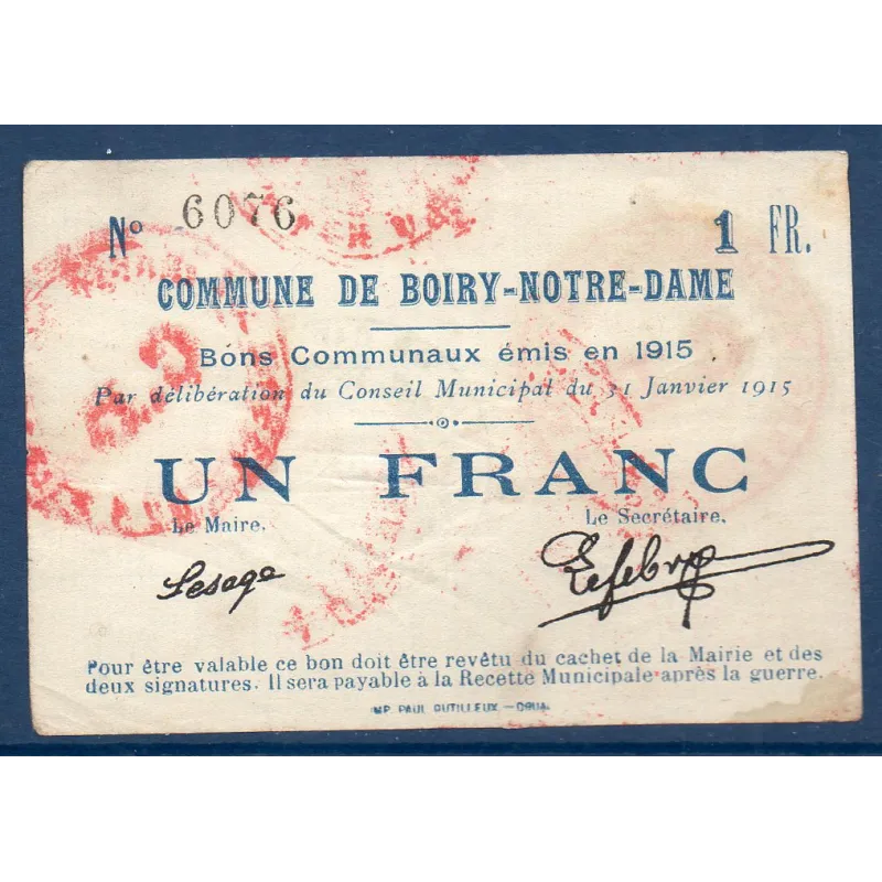 Bon ville Boiry-Notre-Dame 1 franc, TTB, 31.1.1915 Pirot 62-12 Billet