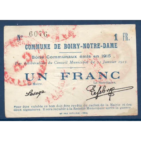 Bon ville Boiry-Notre-Dame 1 franc, TTB, 31.1.1915 Pirot 62-12 Billet