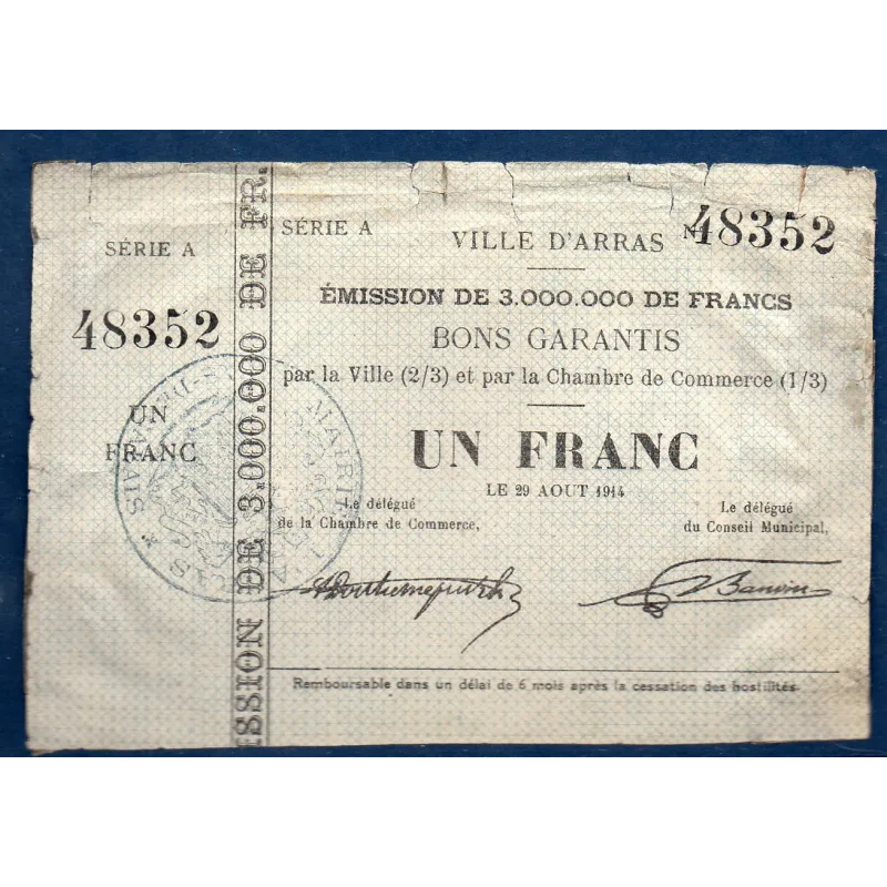 Bon ville Arras 1 franc, B, 29.8.1914 Pirot 62-12 Billet Bon ville Arras 1 franc, B, 29.8.1914 Pirot 62-12 Billet