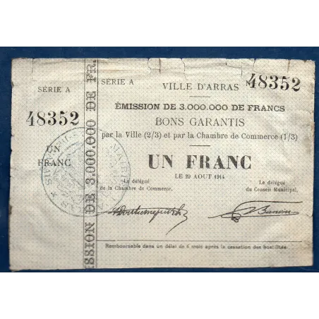 Bon ville Arras 1 franc, B, 29.8.1914 Pirot 62-12 Billet