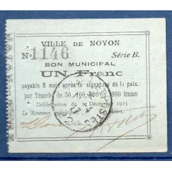 Bon ville Noyon 1 franc, TTB, 17.12.1915 Pirot 60-66 Billet