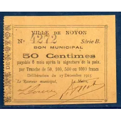 Bon ville Noyon 50 centimes, Neuf, 17.12.1915 Pirot 60-65 Billet