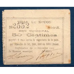 Bon ville Noyon 50 centimes, TB, 17.12.1915 Pirot 60-65 Billet