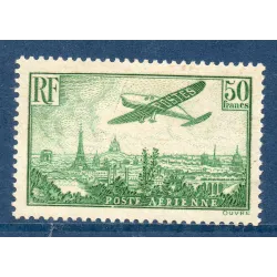 Timbre France Poste Aérienne Yvert 14 avion survolant Paris 50f vert-jaune neuf * avec charnière