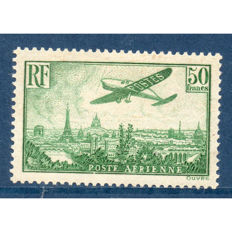 Timbre France Poste Aérienne Yvert 14 avion survolant Paris 50f vert-jaune neuf * avec charnière