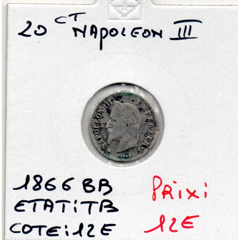 20 centimes Napoléon III tête laurée 1866 BB Strasbourg TB 20 centimes Napoléon III tête laurée 1866 BB Strasbourg TB