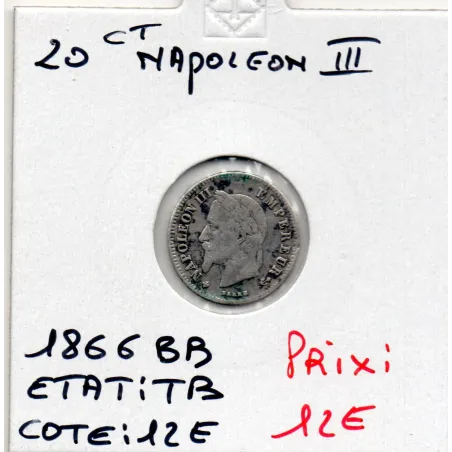 20 centimes Napoléon III tête laurée 1866 BB Strasbourg TB