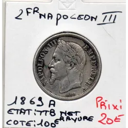 2 francs Napoléon III tête laurée 1869 A Paris, TTB nettoyée rayures
