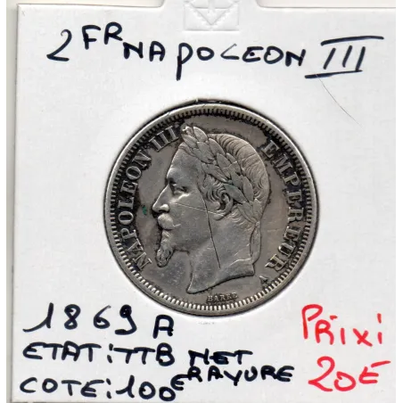 2 francs Napoléon III tête laurée 1869 A Paris, TTB nettoyée rayures