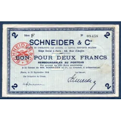 Bon Schneider & Cie Le Creusot 2 francs, TTB-, 15.9.1914 Pirot 71-08 Billet