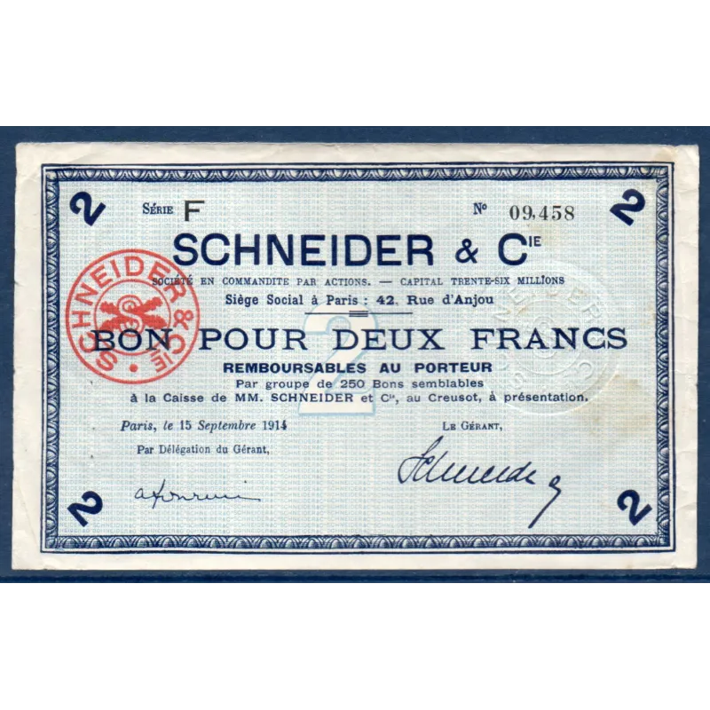 Bon Schneider & Cie Le Creusot 2 francs, TTB-, 15.9.1914 Pirot 71-08 Billet Bon Schneider & Cie Le Creusot 2 francs, TTB-, 15.9.1914 Pirot 71-08 Billet
