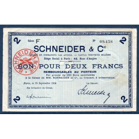 Bon Schneider & Cie Le Creusot 2 francs, TTB-, 15.9.1914 Pirot 71-08 Billet