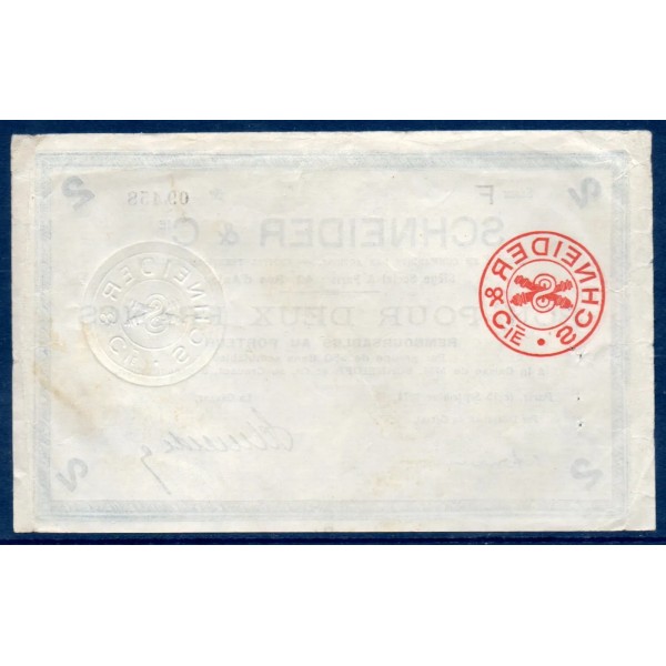 Bon Schneider & Cie Le Creusot 2 francs, TTB-, 15.9.1914 Pirot 71-08 Billet