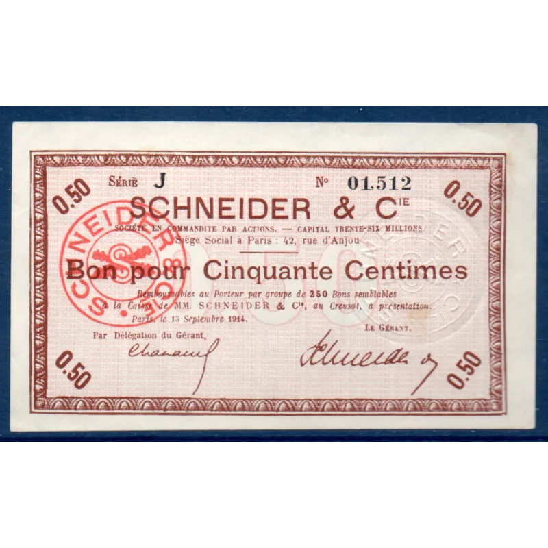 Bon Schneider & Cie Le Creusot 50 centimes, TTB, 15.9.1914 Pirot 71-03 Billet