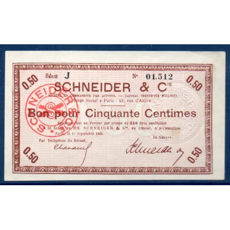 Bon Schneider & Cie Le Creusot 50 centimes, TTB, 15.9.1914 Pirot 71-03 Billet