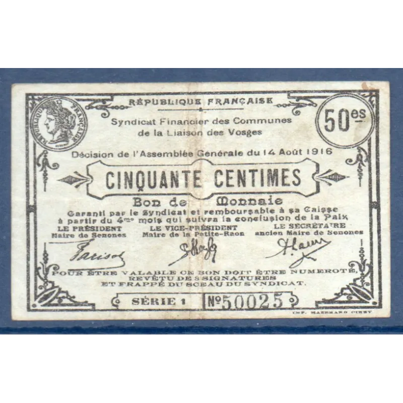 Bon ville Senones 50 centimes, TB, 14.8.1916 Pirot 88-72 Billet Bon ville Senones 50 centimes, TB, 14.8.1916 Pirot 88-72 Billet