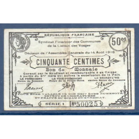 Bon ville Senones 50 centimes, TB, 14.8.1916 Pirot 88-72 Billet