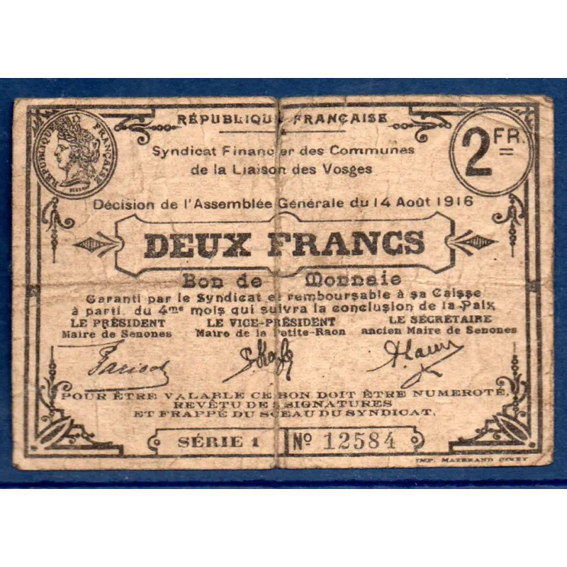 Bon ville Senones 2 francs, TB, 14.8.1916 Pirot 88-75 Billet Bon ville Senones 2 francs, TB, 14.8.1916 Pirot 88-75 Billet