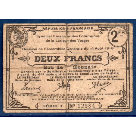 Bon ville Senones 2 francs, TB, 14.8.1916 Pirot 88-75 Billet
