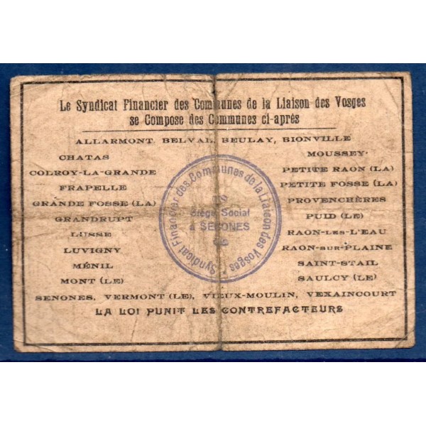 Bon ville Senones 2 francs, TB, 14.8.1916 Pirot 88-75 Billet