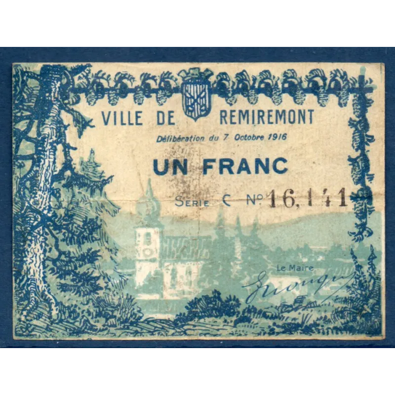Bon ville Remiremont 1 franc, TB, 7.10.1916 Pirot 88-67 Billet Bon ville Remiremont 1 franc, TB, 7.10.1916 Pirot 88-67 Billet