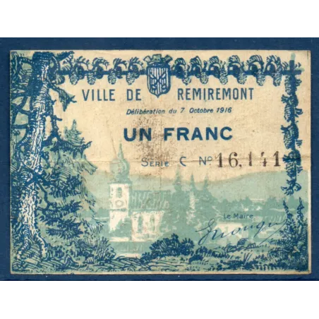 Bon ville Remiremont 1 franc, TB, 7.10.1916 Pirot 88-67 Billet