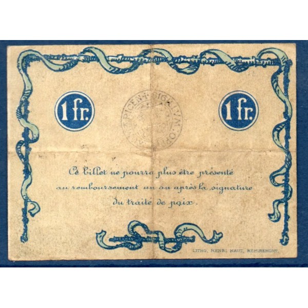 Bon ville Remiremont 1 franc, TB, 7.10.1916 Pirot 88-67 Billet
