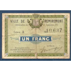 Bon ville Remiremont 1 franc, TB, 23.9.1915 Pirot 88-66 Billet