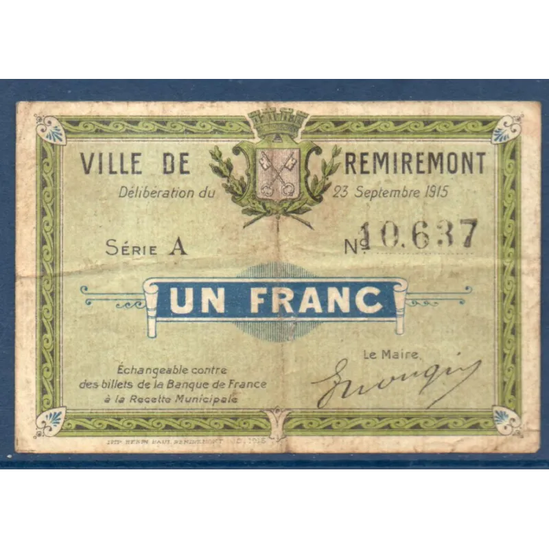Bon ville Remiremont 1 franc, TB, 23.9.1915 Pirot 88-66 Billet Bon ville Remiremont 1 franc, TB, 23.9.1915 Pirot 88-66 Billet