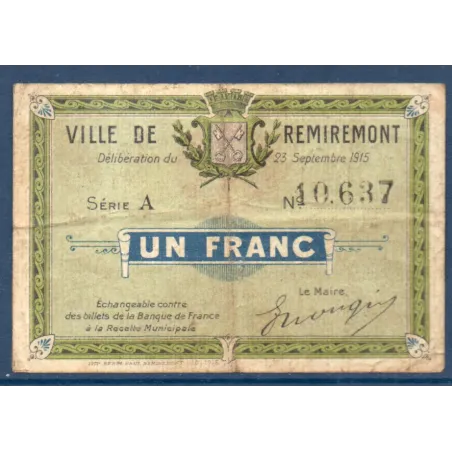 Bon ville Remiremont 1 franc, TB, 23.9.1915 Pirot 88-66 Billet