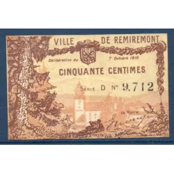 Bon ville Remiremont 50 centimes, TTB, 7.10.1916 Pirot 88-67 Billet