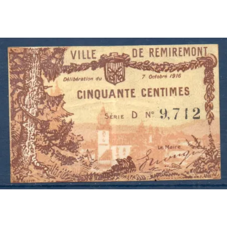 Bon ville Remiremont 50 centimes, TTB, 7.10.1916 Pirot 88-67 Billet
