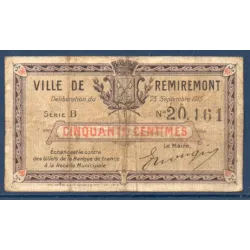 Bon ville Remiremont 50 centimes, TB, 23.9.1915 Pirot 88-61 Billet