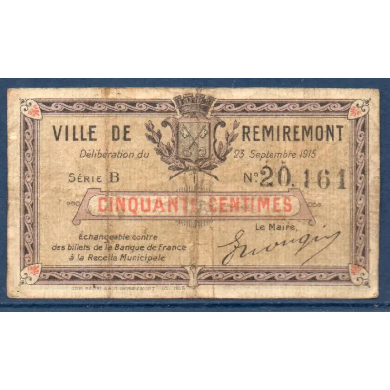 Bon ville Remiremont 50 centimes, TB, 23.9.1915 Pirot 88-61 Billet Bon ville Remiremont 50 centimes, TB, 23.9.1915 Pirot 88-61 Billet