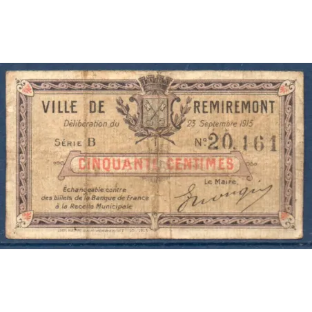 Bon ville Remiremont 50 centimes, TB, 23.9.1915 Pirot 88-61 Billet