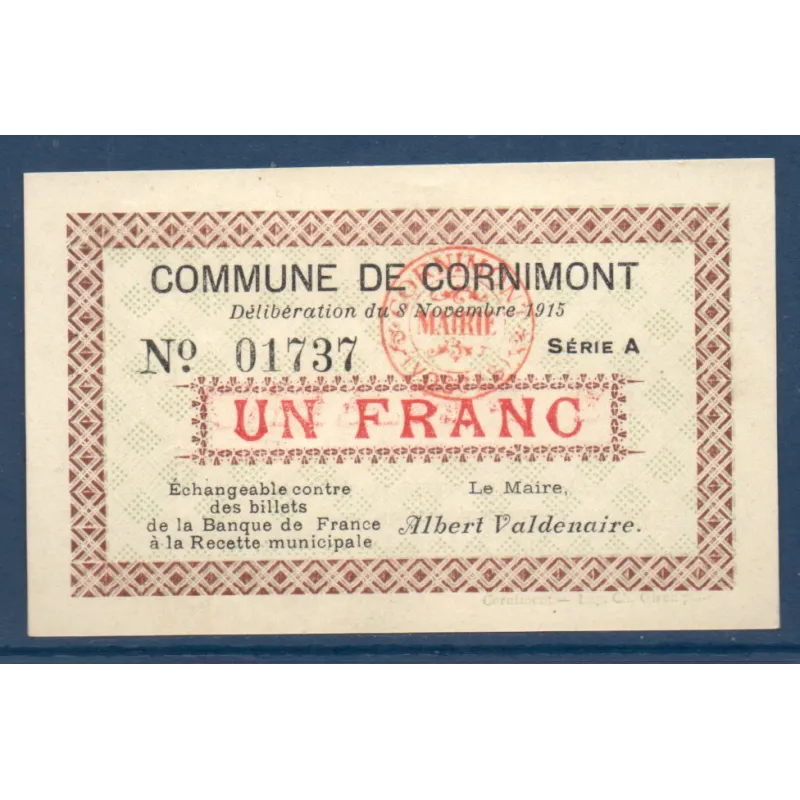 Bon ville Cornimont 1 franc, Spl, 8.11.1915 Pirot 88-13 Billet Bon ville Cornimont 1 franc, Spl, 8.11.1915 Pirot 88-13 Billet