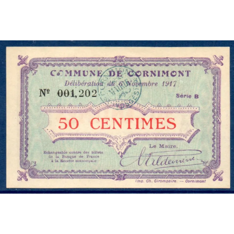 Bon ville Cornimont 50 centimes, Spl, 6.11.1917 Pirot 88-22 Billet Bon ville Cornimont 50 centimes, Spl, 6.11.1917 Pirot 88-22 Billet