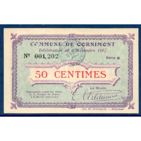 Bon ville Cornimont 50 centimes, Spl, 6.11.1917 Pirot 88-22 Billet