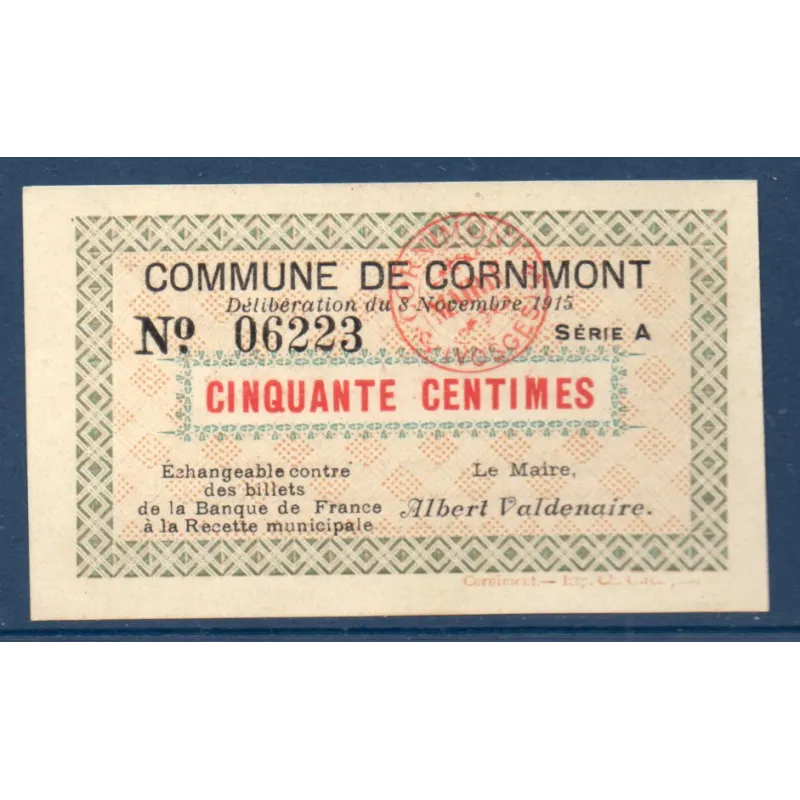 Bon ville Cornimont 50 centimes, Neuf, 8.11.1915 Pirot 88-11 Billet Bon ville Cornimont 50 centimes, Neuf, 8.11.1915 Pirot 88-11 Billet