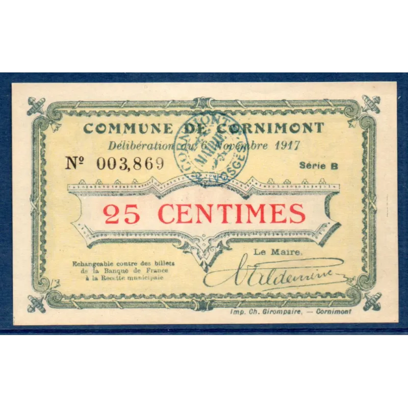 Bon ville Cornimont 25 centimes, Sup, 6.11.1917 Pirot 88-20 Billet Bon ville Cornimont 25 centimes, Sup, 6.11.1917 Pirot 88-20 Billet