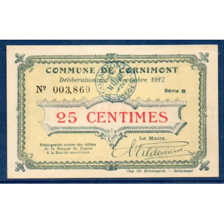Bon ville Cornimont 25 centimes, Sup, 6.11.1917 Pirot 88-20 Billet