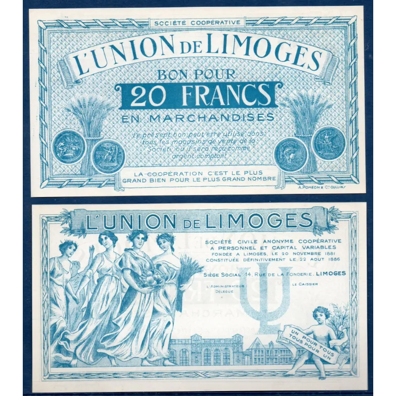 Bon marchandise Limoges 20 francs, Spl, 22.8.1886 Billet Bon marchandise Limoges 20 francs, Spl, 22.8.1886 Billet
